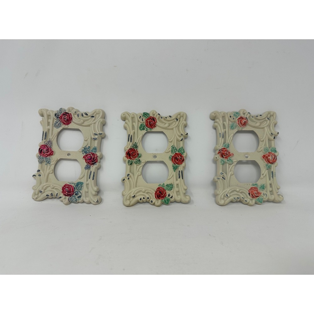 AmerTac Set of 3 Vintage Victorian Rose Floral Duplex Outlet Covers Cream 60D